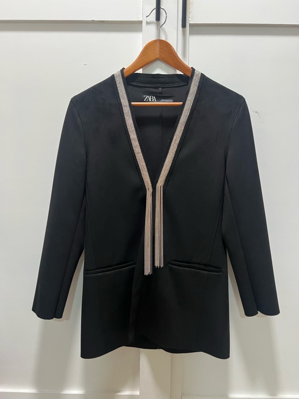 Zara Black Blazer with Silver Metallic Trim & Tassel